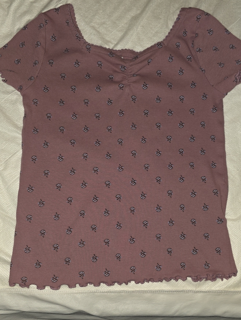 Girls Ribbed Floral Tee - Mauve/plum, Pink.